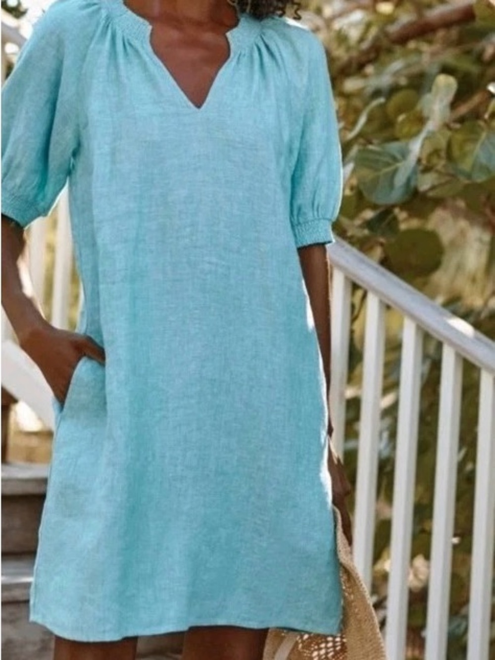 Garnet Hill Amelia Linen Shift Dress with puff sleeves and pockets | Size 12